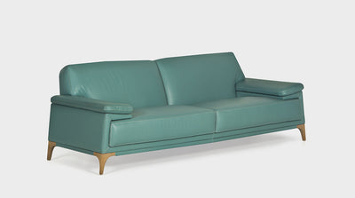 Contemporary aqua leather sofa with exposed timber legs.