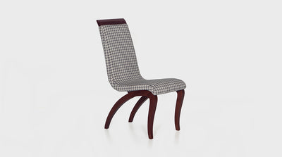 An Italian inspired, contemporary dining chair with an organic design and curving legs made out of medium mahogany. It features a deep seat and high back upholstered in a grey houndstooth fabric. 