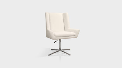 A desk chair that has a high back and wide seat, with low arms. It features luxury, tailored, white, upholstery and a chrome base that is adjustable.