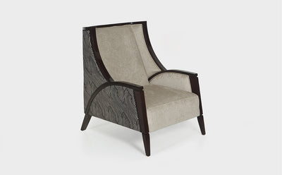A luxury, art deco design with a plush upholstered seat, high back with a mahogany frame. 