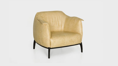 A modern contemporary, fully upholstered, butter yellow, leather, occasional chair with a plush seat and black timber legs. 