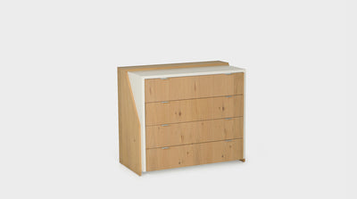 A modern, dual toned chest of drawers with an oak cladding design, white painted frame and slim, sliver handles. It has four oak drawers.