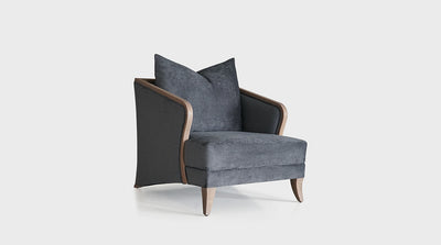 A luxury, art deco design with a plush, grey, upholstered seat, oak details and a grey scatter cushion.