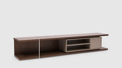 A contemporary design with a timber frame and sleek, black, aluminum frame. It has shelves and a cupboard.