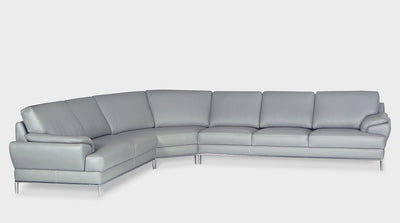 An Italian inspired, light grey, leather corner sofa with silver steel legs and wide arms. 