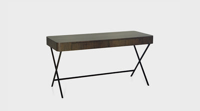 A scandi inspired minimalistic desk with black, powder coated, steel, crossed legs and an oak top with two drawers. 