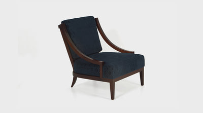 An art deco inspired occasional chair with a black upholstered seat and a medium mahogany timber frame with curved arms.