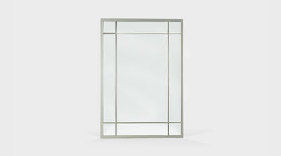 A grey, rectangular mirror with a timber frame.