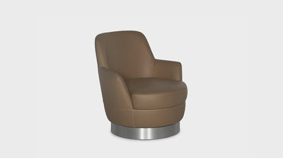 A modern occasional chair that swivels 360 degrees on its silver chrome base. It has a high back rest with putty coloured upholstery that is lined with a white stitching detail.