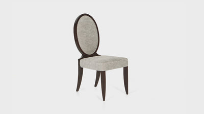 A classic dining chair that has a round, floral, upholstered backrest and grey upholstered seat, with a dark mahogany timber frame, and legs.